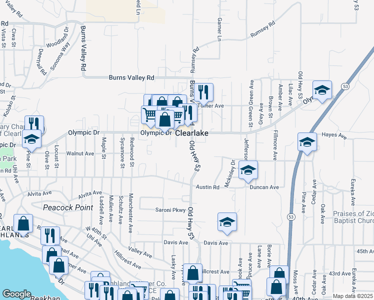 map of restaurants, bars, coffee shops, grocery stores, and more near 3595 Old Highway 53 in Clearlake