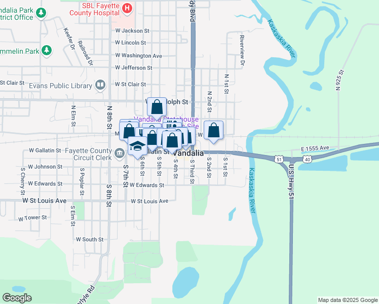 map of restaurants, bars, coffee shops, grocery stores, and more near 315 West Gallatin Street in Vandalia