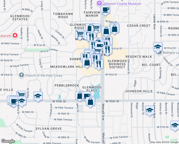 map of restaurants, bars, coffee shops, grocery stores, and more near 9294 Metcalf Avenue in Overland Park