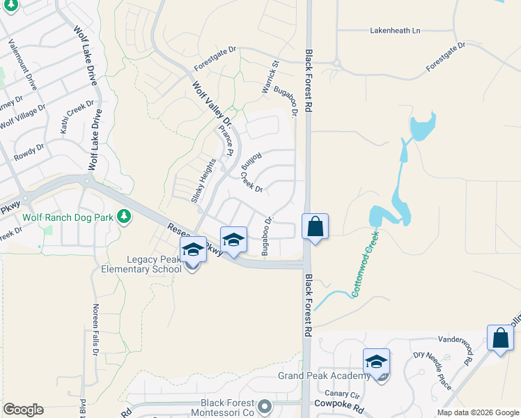 map of restaurants, bars, coffee shops, grocery stores, and more near 6586 Wolf Gulch Drive in Colorado Springs