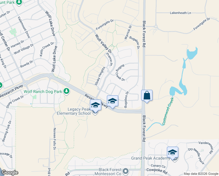 map of restaurants, bars, coffee shops, grocery stores, and more near 6446 Wolf Gulch Drive in Colorado Springs