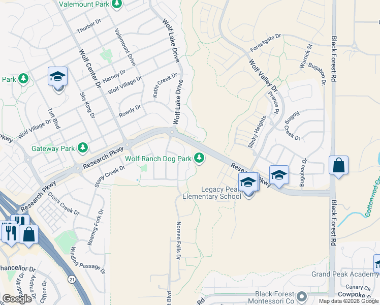 map of restaurants, bars, coffee shops, grocery stores, and more near 8836 Country Creek Trail in Colorado Springs