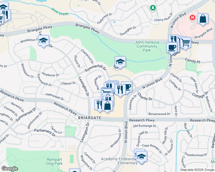 map of restaurants, bars, coffee shops, grocery stores, and more near 9325 Melbourne Drive in Colorado Springs