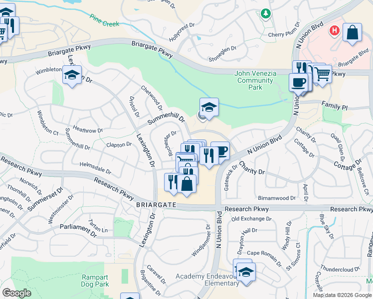 map of restaurants, bars, coffee shops, grocery stores, and more near 9325 Melbourne Drive in Colorado Springs