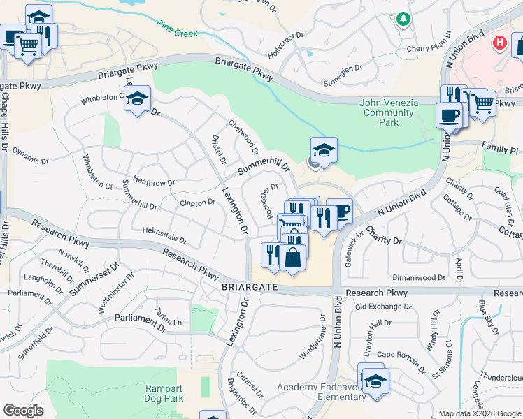 map of restaurants, bars, coffee shops, grocery stores, and more near 8966 Rochester Drive in Colorado Springs