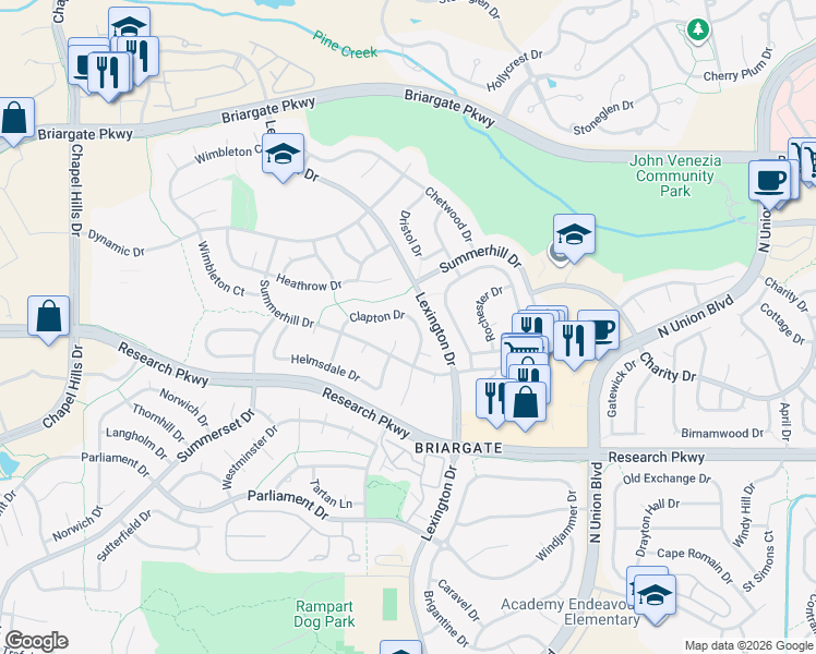 map of restaurants, bars, coffee shops, grocery stores, and more near 2745 Clapton Drive in Colorado Springs