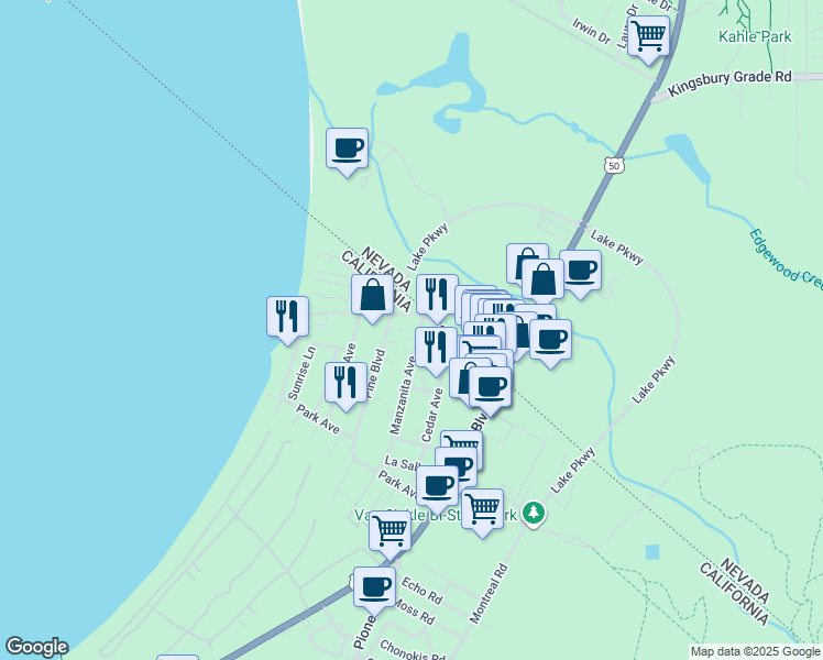 map of restaurants, bars, coffee shops, grocery stores, and more near 4140 Pine Boulevard in South Lake Tahoe