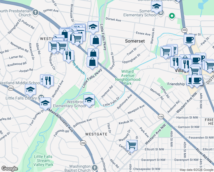 map of restaurants, bars, coffee shops, grocery stores, and more near 5325 Wakefield Road in Bethesda