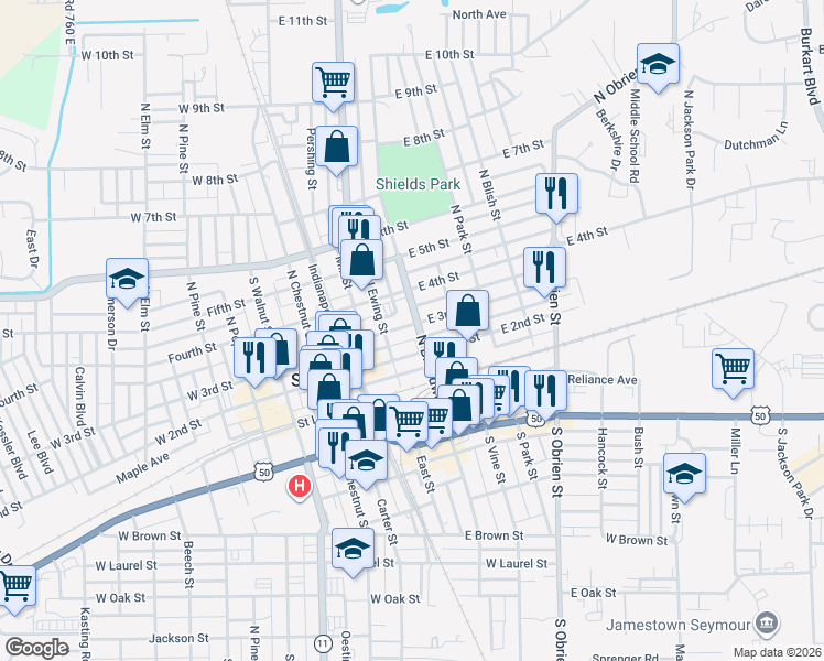 map of restaurants, bars, coffee shops, grocery stores, and more near 311 North Broadway Street in Seymour