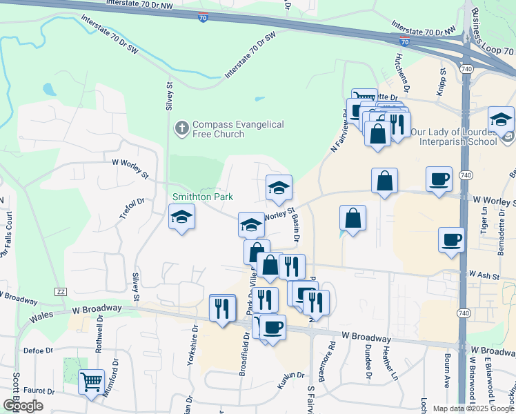 map of restaurants, bars, coffee shops, grocery stores, and more near 306 Park De Ville Place in Columbia