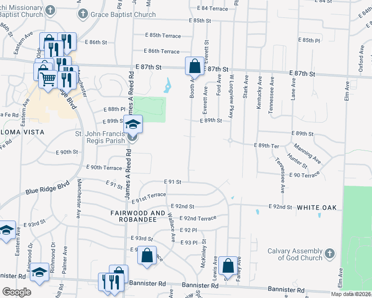 map of restaurants, bars, coffee shops, grocery stores, and more near 8919 Booth Avenue in Kansas City