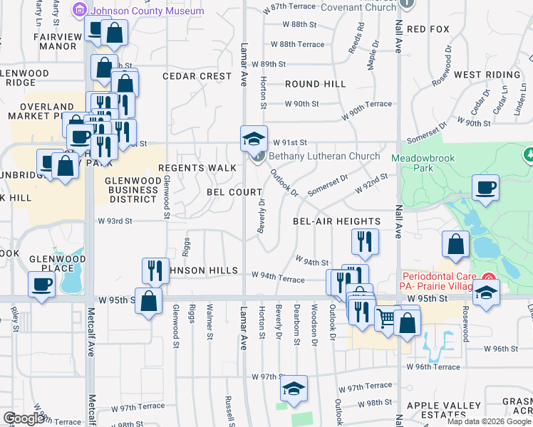 map of restaurants, bars, coffee shops, grocery stores, and more near 9220 Beverly Drive in Overland Park