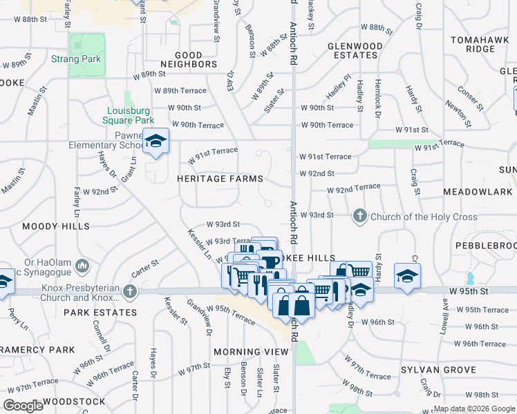 map of restaurants, bars, coffee shops, grocery stores, and more near 9229 Grandview Drive in Overland Park