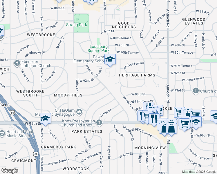 map of restaurants, bars, coffee shops, grocery stores, and more near 9322 West 92nd Terrace in Overland Park