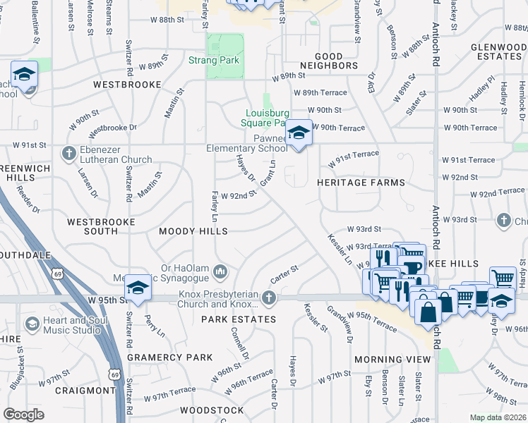 map of restaurants, bars, coffee shops, grocery stores, and more near 9505 West 92nd Terrace in Overland Park