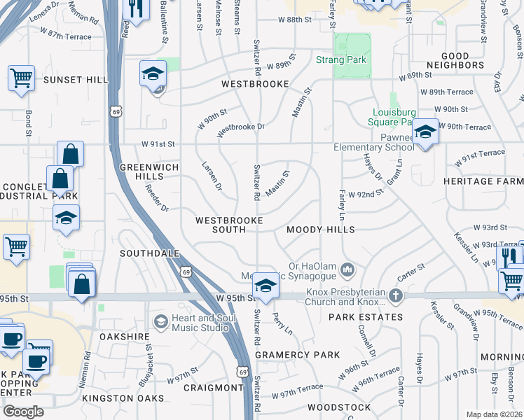 map of restaurants, bars, coffee shops, grocery stores, and more near 9248 Wedd Street in Overland Park