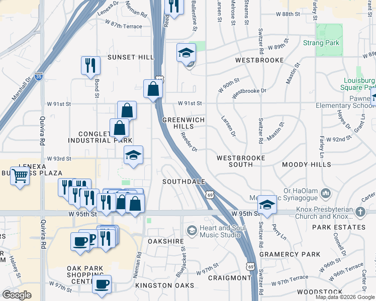 map of restaurants, bars, coffee shops, grocery stores, and more near 9218 Reeder Drive in Overland Park
