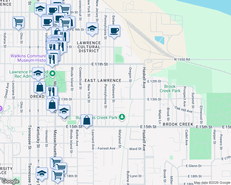 map of restaurants, bars, coffee shops, grocery stores, and more near 1218 Delaware Street in Lawrence