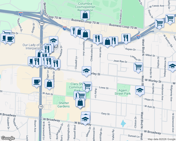 map of restaurants, bars, coffee shops, grocery stores, and more near 509 Clinkscales Road in Columbia