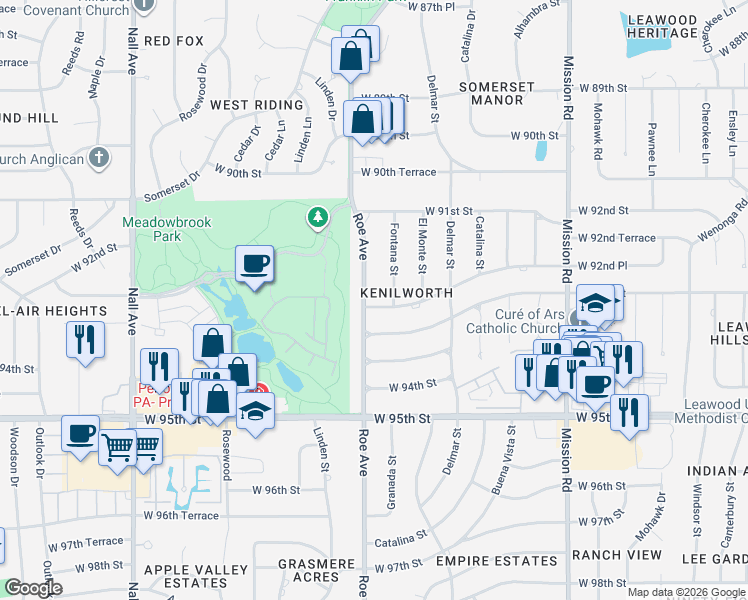 map of restaurants, bars, coffee shops, grocery stores, and more near 9204 Fontana Street in Prairie Village