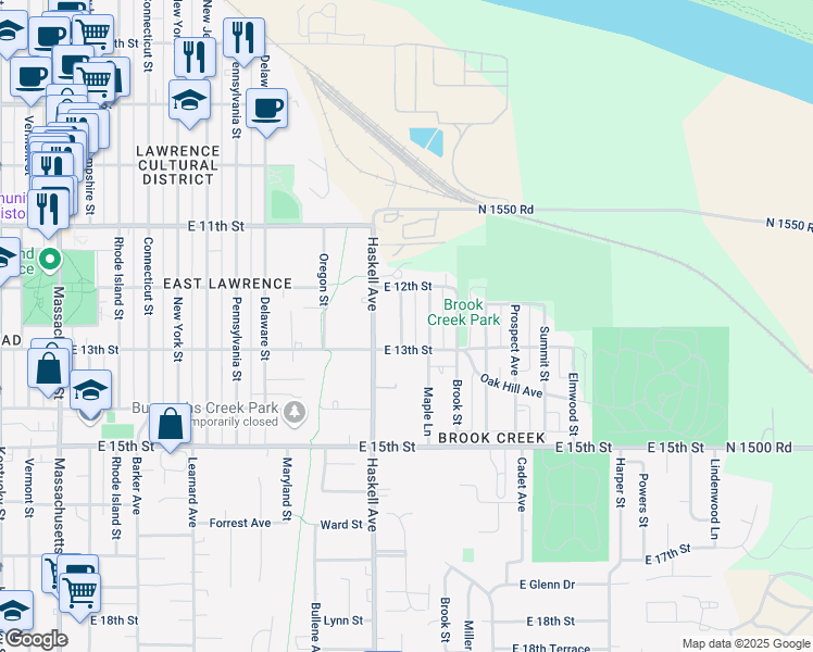 map of restaurants, bars, coffee shops, grocery stores, and more near 1223 Laura Ave in Lawrence