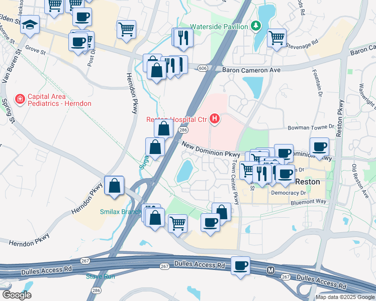 map of restaurants, bars, coffee shops, grocery stores, and more near 12190 Abington Hall Place in Reston