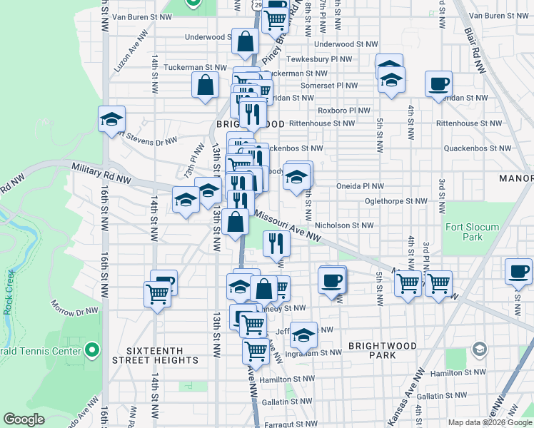 map of restaurants, bars, coffee shops, grocery stores, and more near 911 Missouri Avenue Northwest in Washington