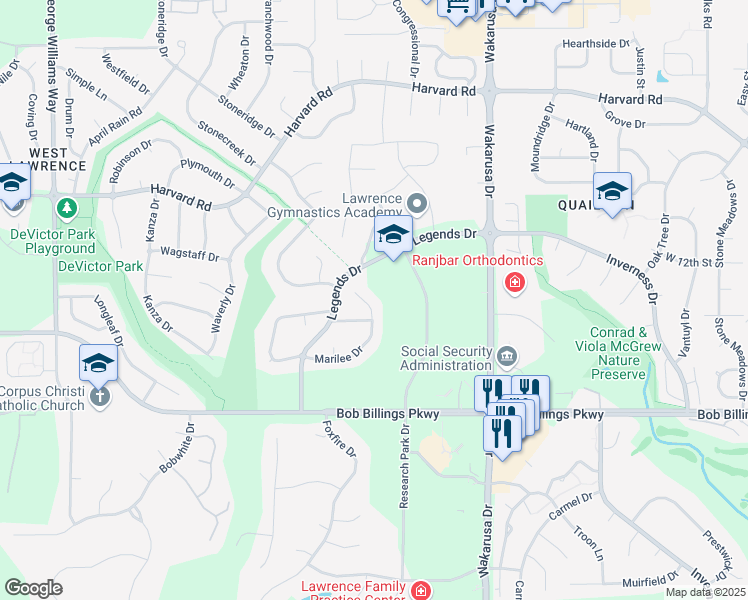 map of restaurants, bars, coffee shops, grocery stores, and more near 1418 Marilee Drive in Lawrence