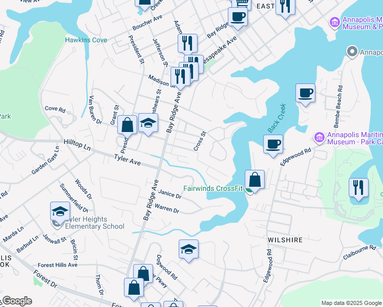 map of restaurants, bars, coffee shops, grocery stores, and more near 803 Parkwood Avenue in Annapolis