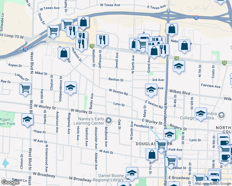 map of restaurants, bars, coffee shops, grocery stores, and more near 212 West Sexton Road in Columbia