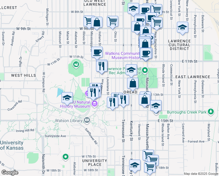 map of restaurants, bars, coffee shops, grocery stores, and more near 1223 Ohio Street in Lawrence