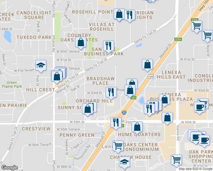 map of restaurants, bars, coffee shops, grocery stores, and more near 12801 West 92nd Place in Lenexa