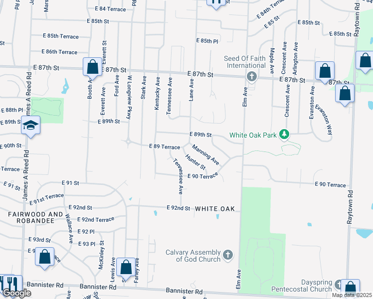 map of restaurants, bars, coffee shops, grocery stores, and more near 9101 East 89 Terrace in Kansas City