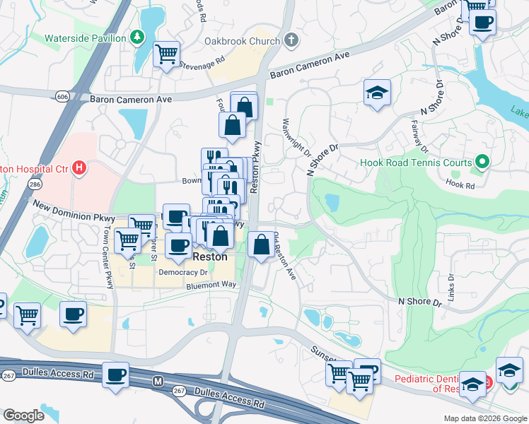 map of restaurants, bars, coffee shops, grocery stores, and more near 1800 Jonathan Way in Reston