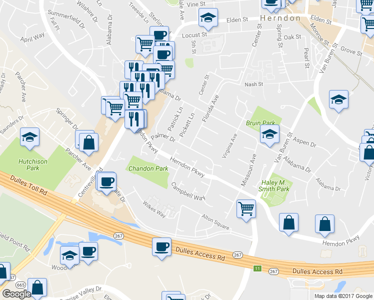 map of restaurants, bars, coffee shops, grocery stores, and more near 730 Palmer Drive in Herndon