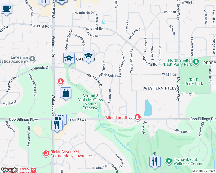 map of restaurants, bars, coffee shops, grocery stores, and more near 1299 Belair Court in Lawrence