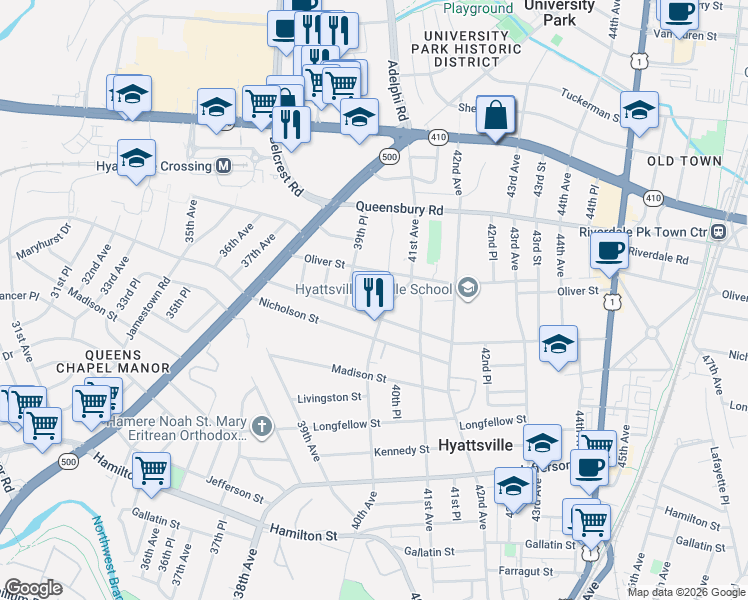 map of restaurants, bars, coffee shops, grocery stores, and more near 3917 Oneida Place in Hyattsville