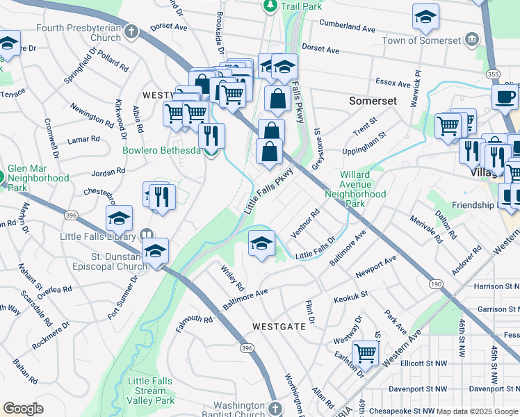 map of restaurants, bars, coffee shops, grocery stores, and more near 5312 Allandale Road in Bethesda