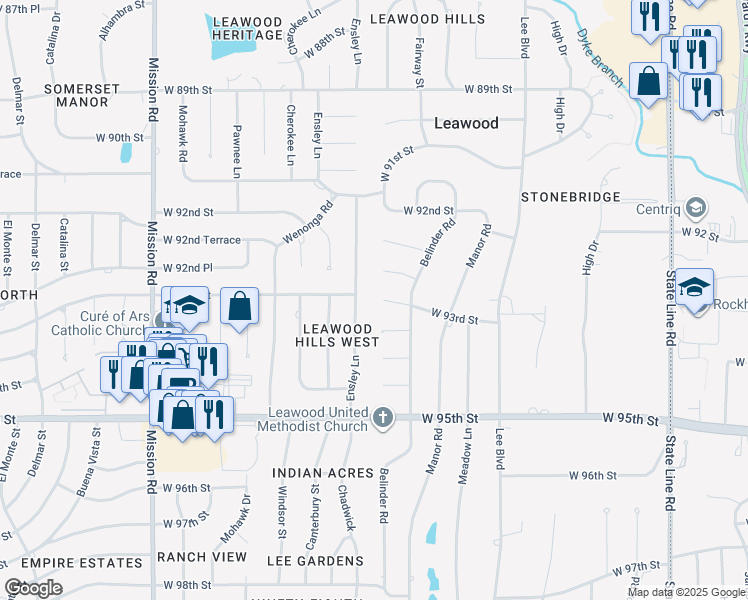 map of restaurants, bars, coffee shops, grocery stores, and more near 9241 Ensley Lane in Leawood