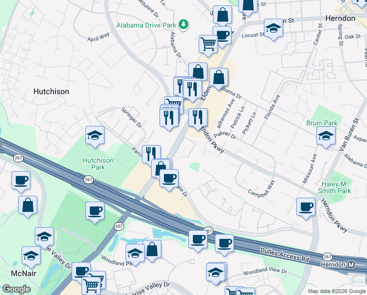 map of restaurants, bars, coffee shops, grocery stores, and more near 1265 Elden Street in Herndon