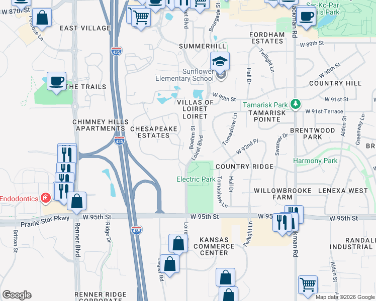 map of restaurants, bars, coffee shops, grocery stores, and more near 9228 Boehm Drive in Lenexa