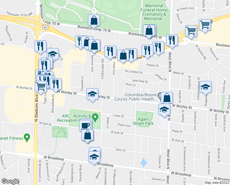 map of restaurants, bars, coffee shops, grocery stores, and more near 506 Hunt Avenue in Columbia