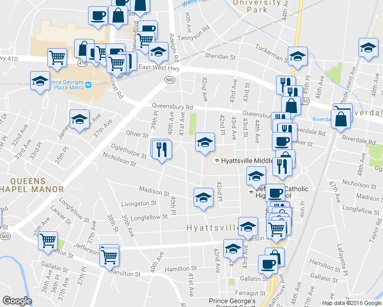 map of restaurants, bars, coffee shops, grocery stores, and more near 6011 41st Ave in Hyattsville