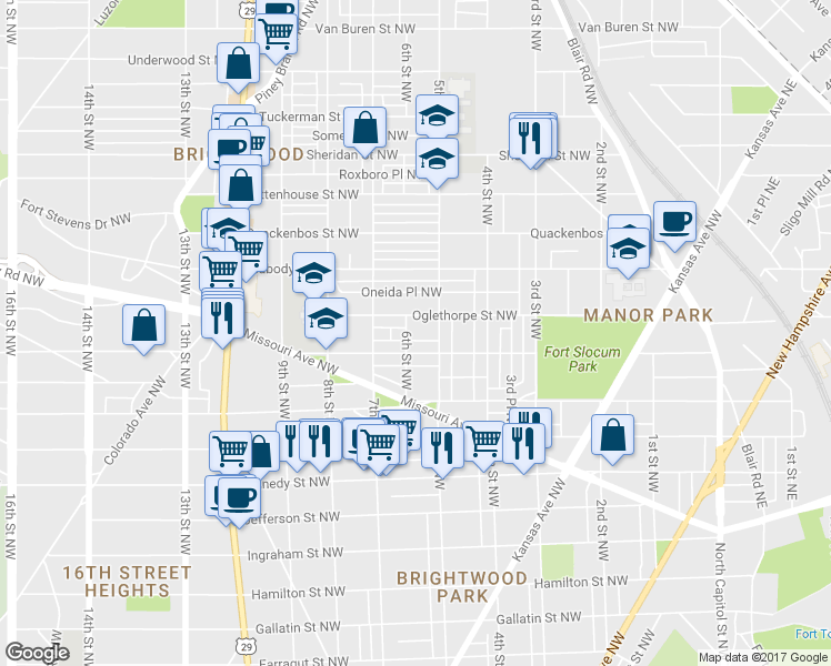 map of restaurants, bars, coffee shops, grocery stores, and more near 5815 6th St NW in Washington