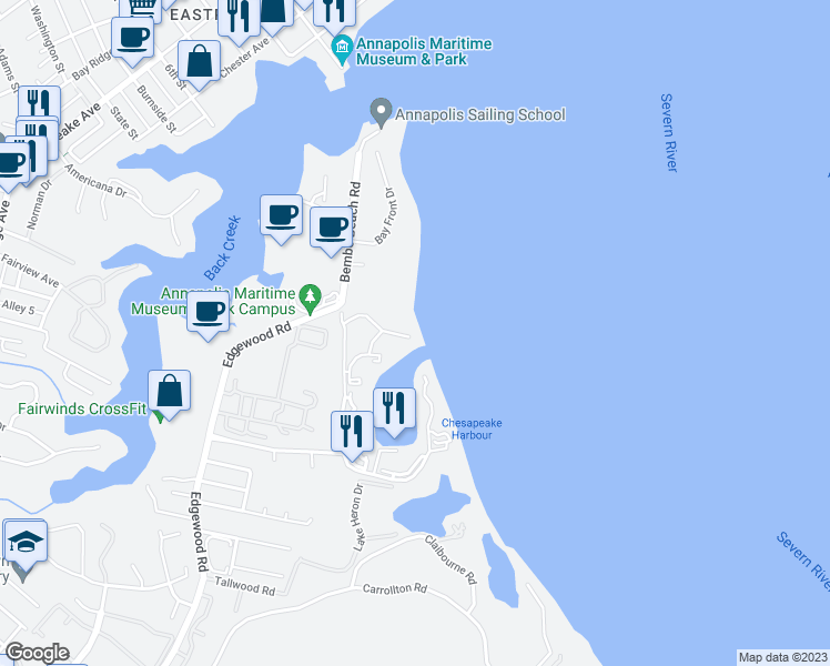 map of restaurants, bars, coffee shops, grocery stores, and more near 2024 Quay Village Court in Annapolis