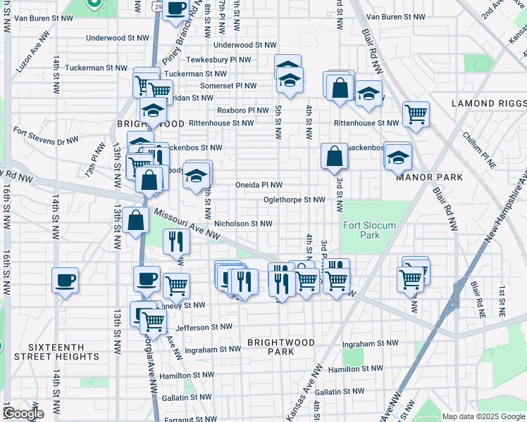 map of restaurants, bars, coffee shops, grocery stores, and more near 5815 6th St NW in Washington