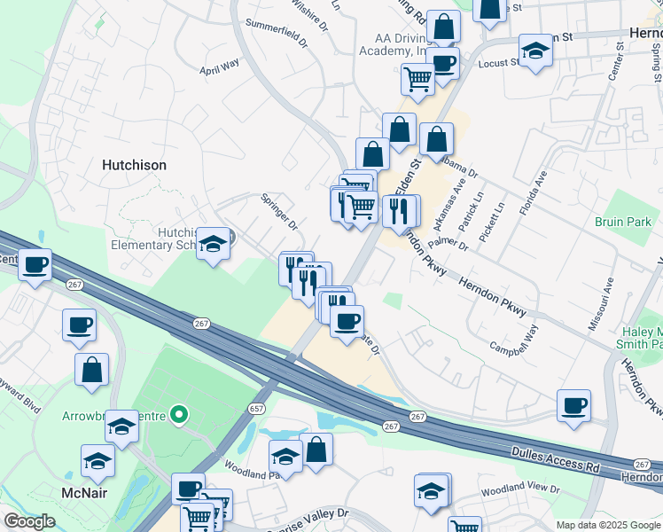 map of restaurants, bars, coffee shops, grocery stores, and more near 2100 Centreville Road in Herndon