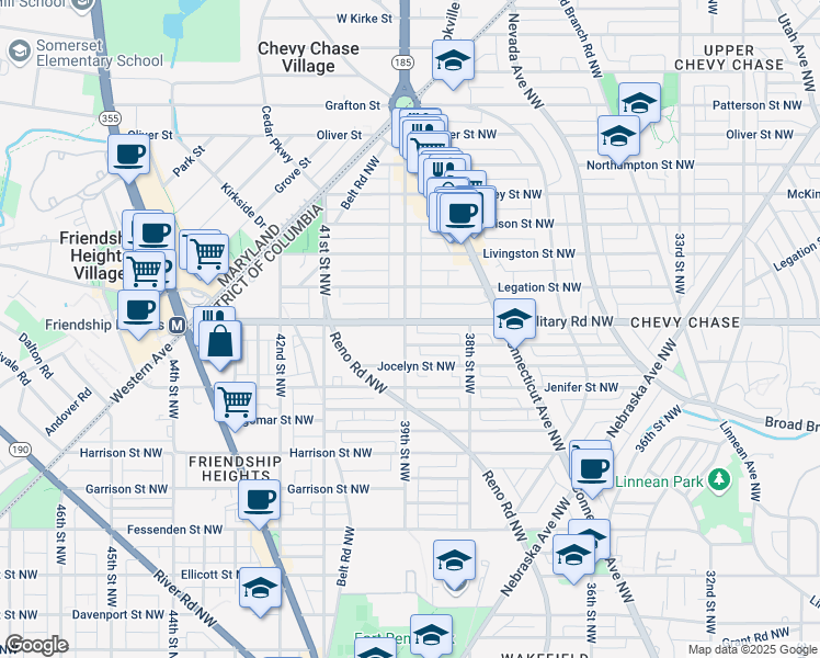 map of restaurants, bars, coffee shops, grocery stores, and more near 3820 Military Road Northwest in Washington