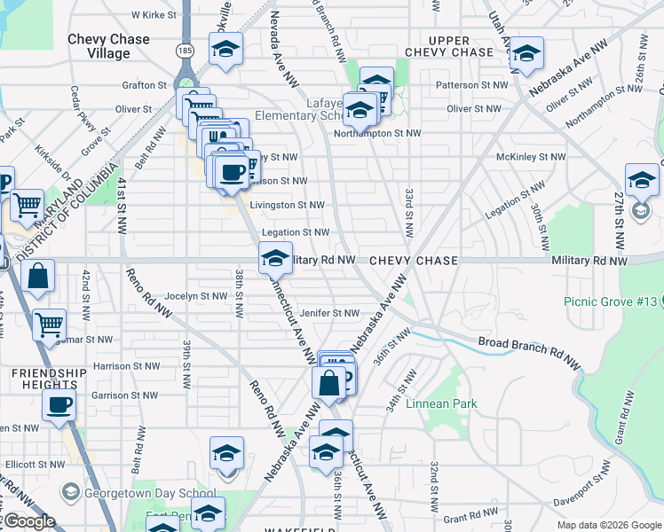 map of restaurants, bars, coffee shops, grocery stores, and more near 3620 Military Road Northwest in Washington