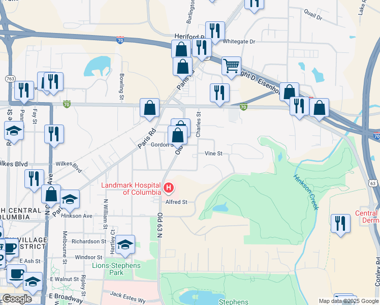 map of restaurants, bars, coffee shops, grocery stores, and more near 900 Old Highway 63 S in Columbia